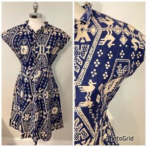 Vtg 60s 70s Nation Embroider Factory Block Tribal Bohemian Fit Flare Dress Bird